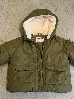 Old Navy Kids Olive Hooded Puffer Jacket with Cream Sherpa Lining